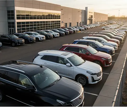 Many Cadillac vehicles in a lot